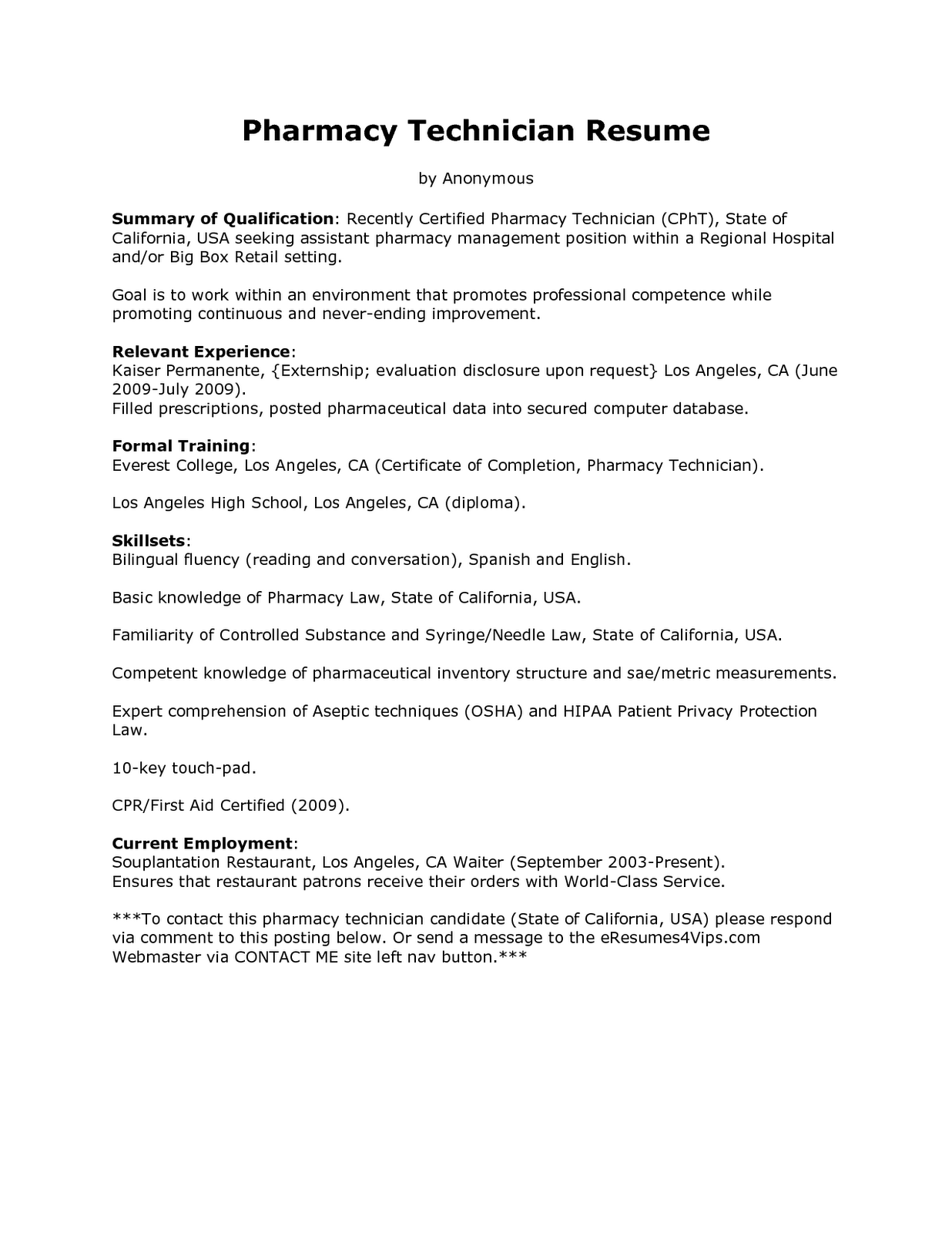 Example of pharmacist resume